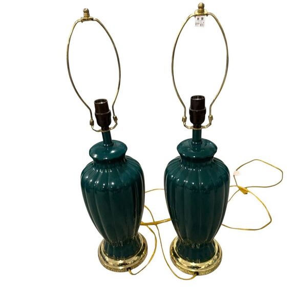 Other - Mid Century Pottery Drip Glazed Table Lamp Green /Gold Lobed Base